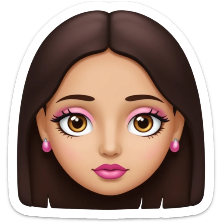 Gordita, ojos pequeños de color cafe oscuro, labios pequeños y rosados, piel trigueña, orejas pequeñas, cabello largo lazio y negro, pequeña. cuerpo completo sticker