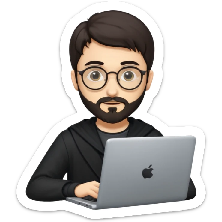 23 year old Azerbaijani man with very dark brown hair and beard with glasses and laptop , light yellow skin face, not European, glasses like a harry potter sticker