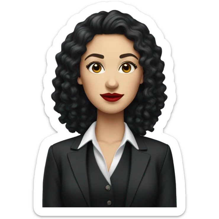 corporate white woman, red lipstick, long black curly hair, black shirt, black blazer  sticker