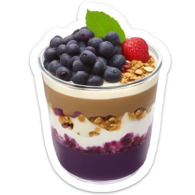 Açaí in a clear cup with layers of fruits and granola and condensed milk sticker