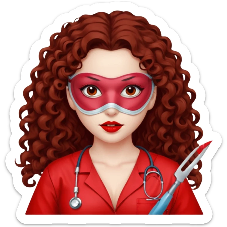 Lilith symbol seductress long curly hair evil surgeon.  brown hair. Red surgical mask.  covering. She works for cartel and kills  with a scalpel. Sexy surgeon outfit sticker