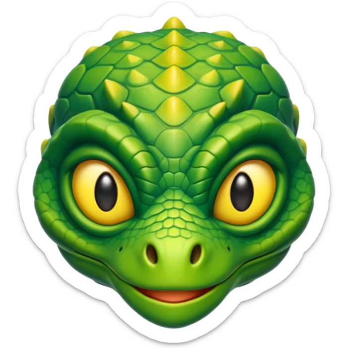 Reptilian alien head, green scales, yellow eyes, cartoon emoji, no background sticker
