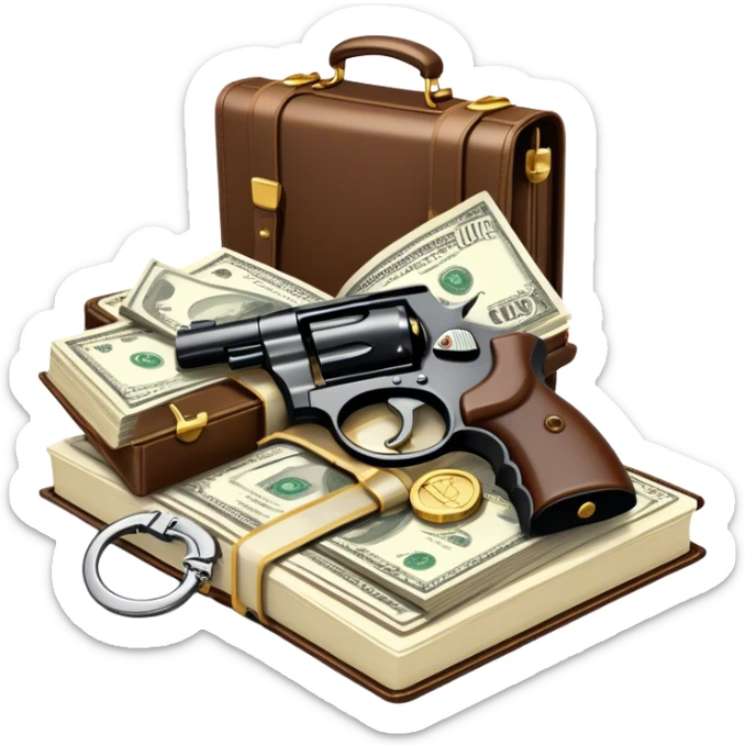 Icon for Action & Crime Reading: open book, with a silhouette of a gun, a bag of money, and a police badge on the pages. Surrounding elements include a pair of handcuffs, a briefcase, and scattered bullet casings. Transparent background. sticker