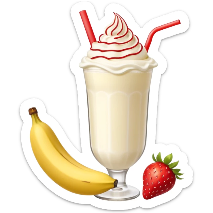Milkshake vanilla with a banana sticking out of the milk shake it and two strawberries on both sides of the banana at the very tip of the banana, whipped cream and a smiley face one big banana coming out of milk shake sticker