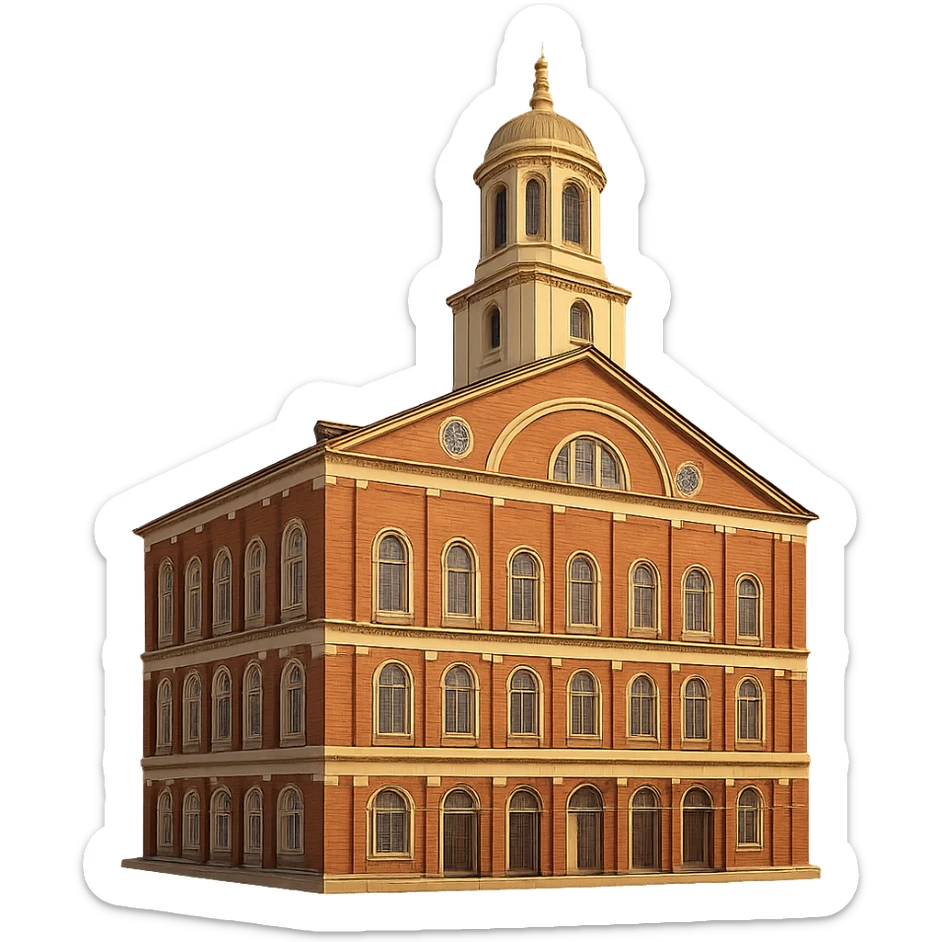cinematic, realistic emoji of historical Faneuil Hall in Boston, featuring majestic, ornate architecture, lifelike detail, bright lighting, and accurate colors, with a transparent background sticker