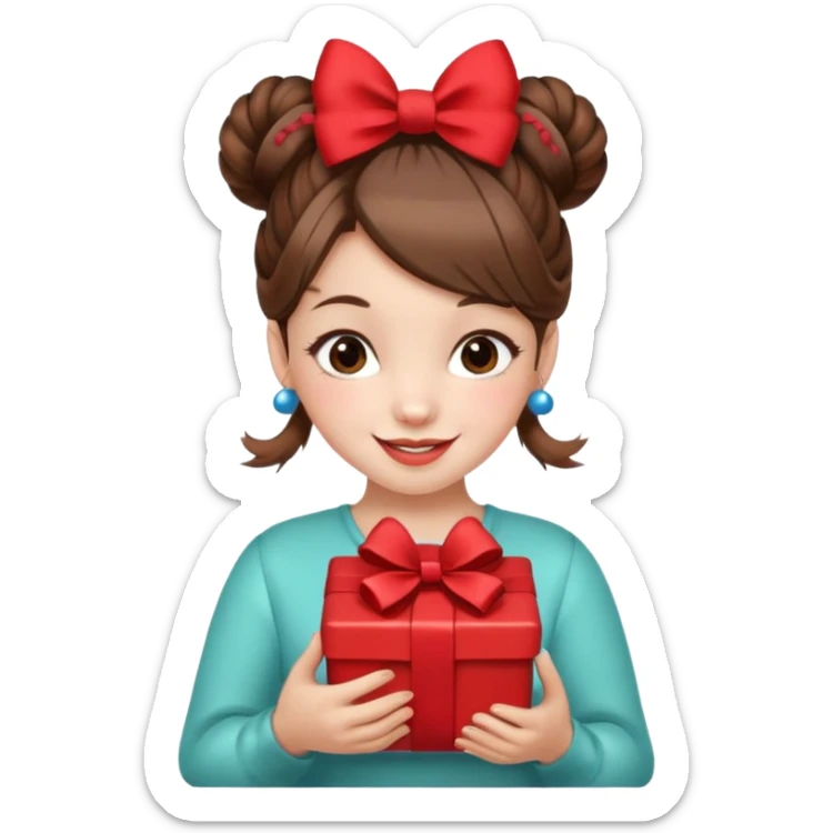 A cheerful young girl with brown hair styled in two playful buns adorned with red bows is winking and smiling.  In her hands, she holds a small decorated  sticker