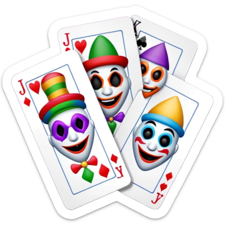 bunch of 3 poker cards, with crazy colorful human jolly jokers inside, inversed face sticker