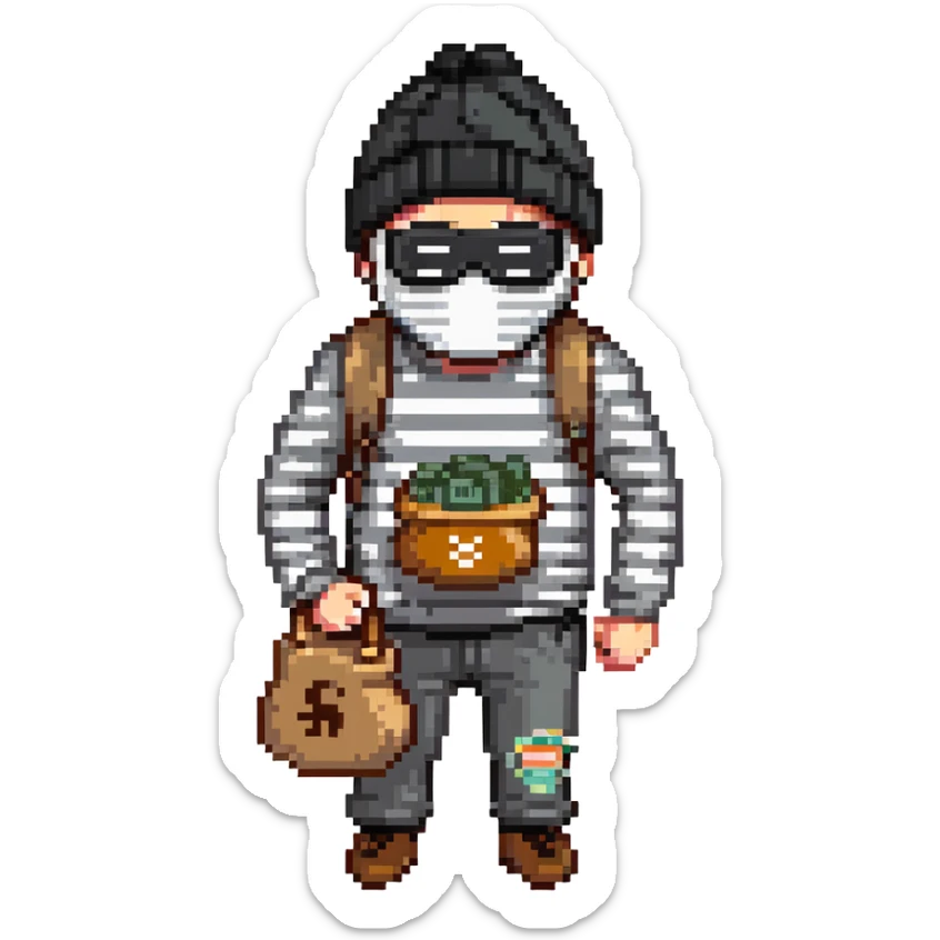 burglar with black and white striped shirt, black beanie, black mask over eyes, holding a moneybag sticker