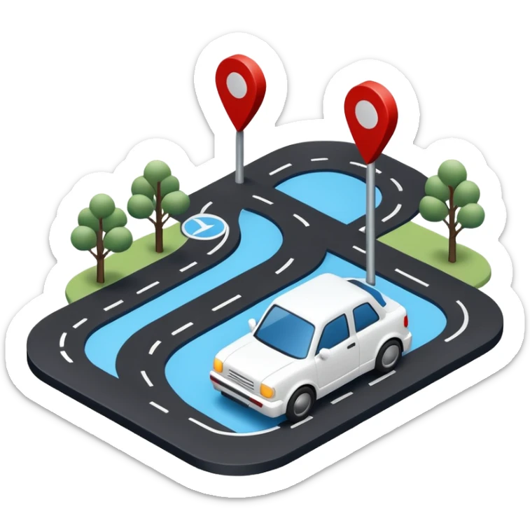 
A 3D minimal icon showing a street route to a destination, with a blue road, white and black vehicles, and small red accents for alerts. The style is clean, minimal 3D, with a transparent background. sticker
