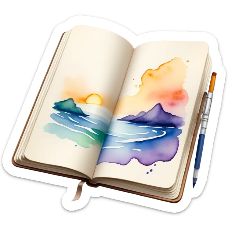 Cinematic Realistic image of an open sketchbook accompanied by a set of translucent watercolors, with delicate pigment stains and soft, flowing brushstrokes, captured under gentle, diffused lighting that highlights creative fluidity sticker