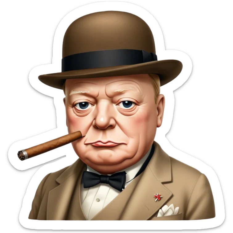 Cinematic Realistic Winston Churchill Portrait Emoji, depicted as a resolute British statesman with a signature bowler hat and a cigar, exuding determined leadership and wartime valor, rendered with lifelike textures and dramatic vintage lighting that captures his iconic British spirit. sticker