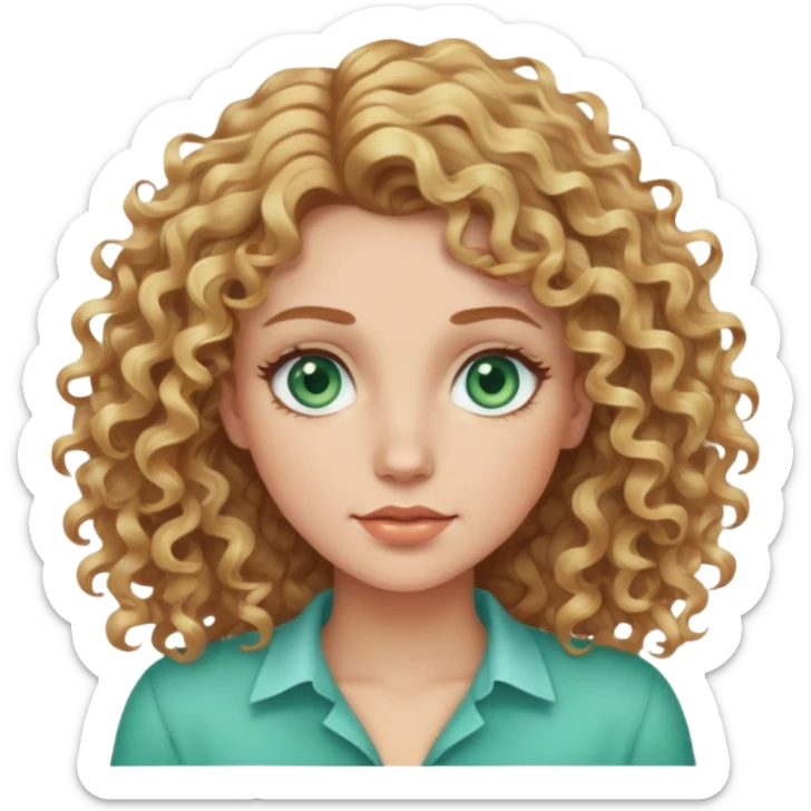 Generate a woman with light brown curly hair with a blonde chunk at the front with sea green eyes sticker