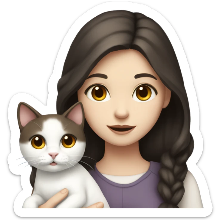 A pale girl with dark brown hair and dark brown eyes holds a white cat in her hands sticker