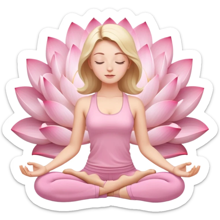 white woman with serene face meditating in lotus position, eyes closed, wearing light pink yoga clothing sticker