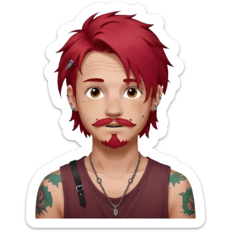 generate an ios genmoji of a 20 year old boy with shoulder length hair messy very messy dyed red hair. ear piercings. a lot of tattoos. and a faint stubble mustache sticker