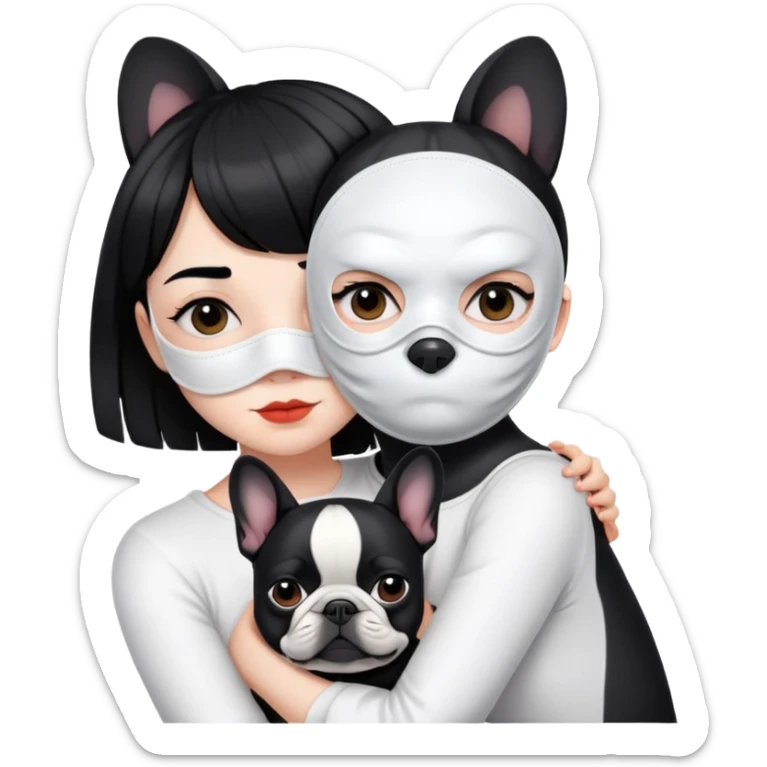 girl with short black straight bangs hair wearing a white mask and hugging a black French bulldog sticker