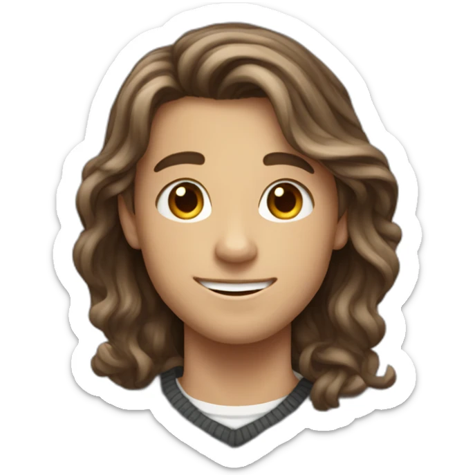 happy teenager boy brown long wavy hair and dark gray striped sweater sticker