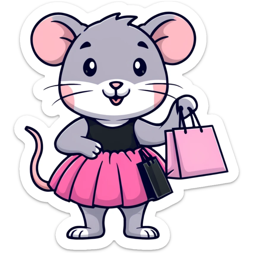 rat with a pink dress and tutu holding a black and white striped shopping bag sticker