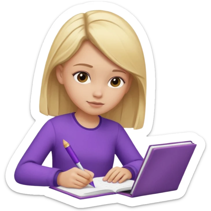 girl sitting, writing in a notebook, blond hair, dressed in purple clothes sticker