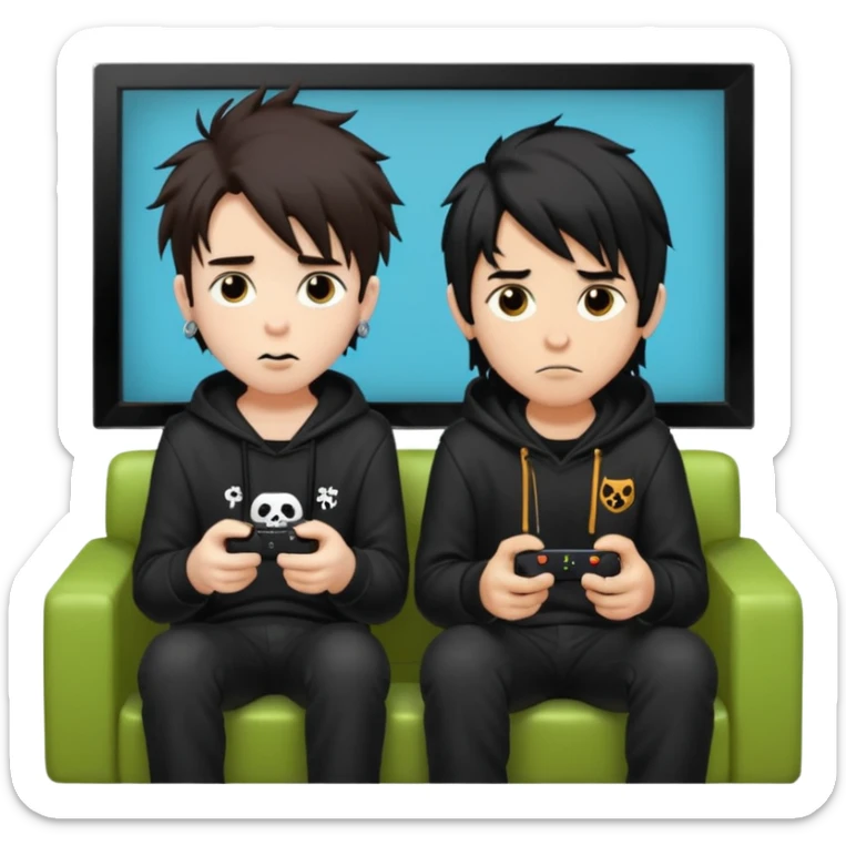 pale Goth boy with a bunch of face piercings, with shaggy dark brown hair, next to a Carmel  skin gamer boy with long black hair , they are watching tv together  sticker