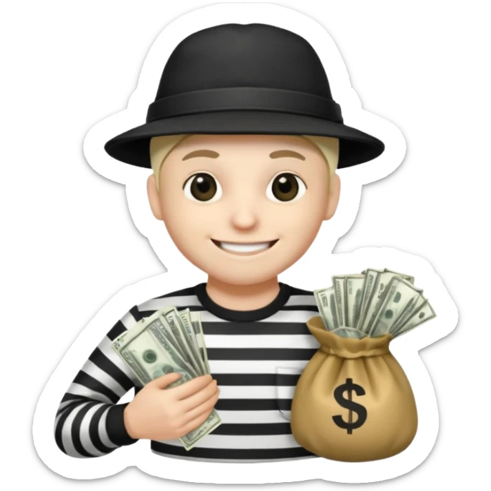 robber with 4 lines of black and white striped shirt and he has a money bag in his hand and a robber hat and he is smiling and he is whiteno money in his hand no money out of bag the bag is to the left  sticker