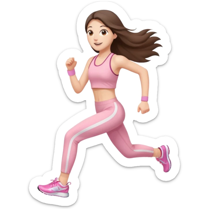 white happy brunette teen long hair with hazel eyes in light pink workout clothes jogging through fiish line sticker
