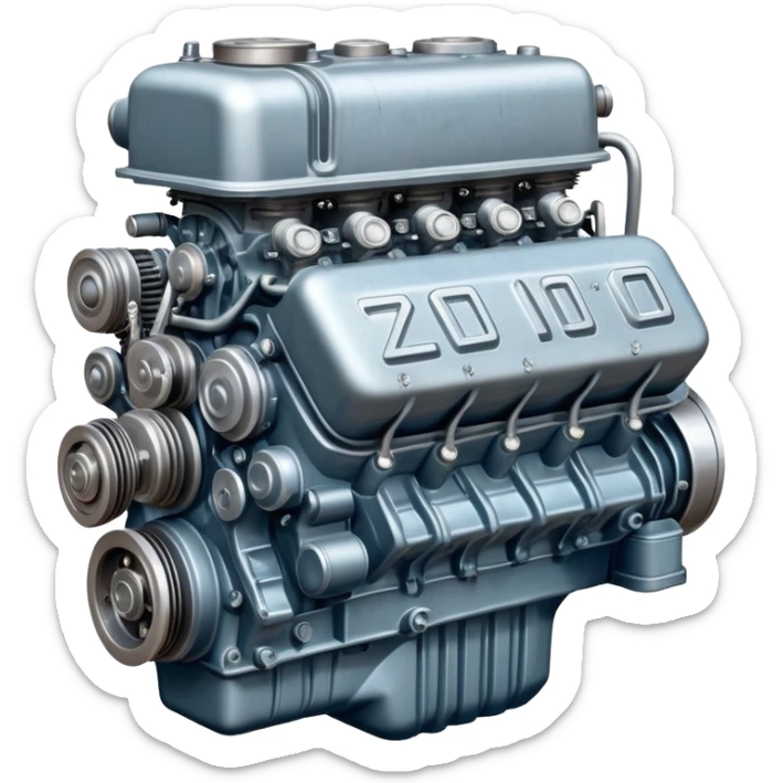 Detailed ZIL-130 V8 truck engine, Soviet automotive design, mechanical parts visible sticker