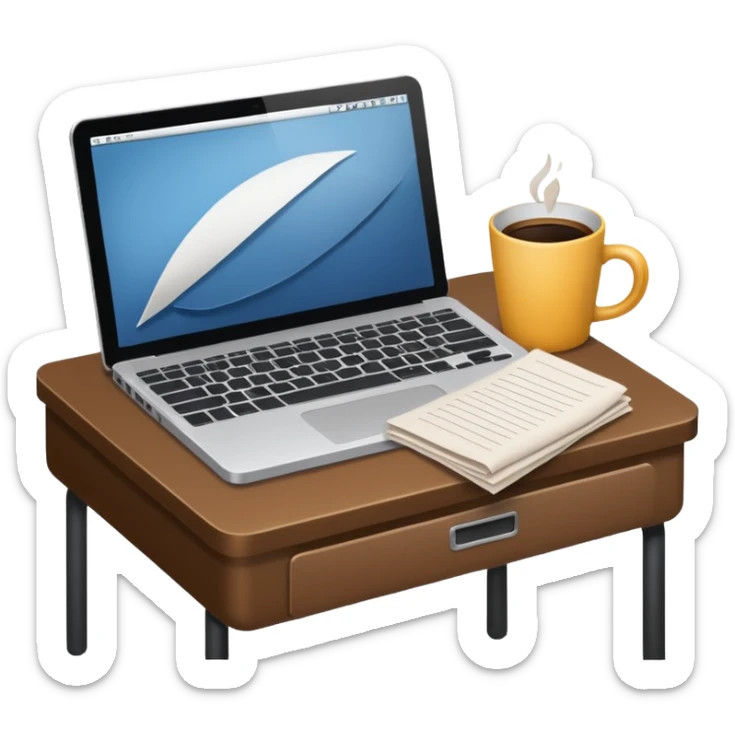 emoji of a cozy desk with a paper, a coffee, and a laptop on it sticker