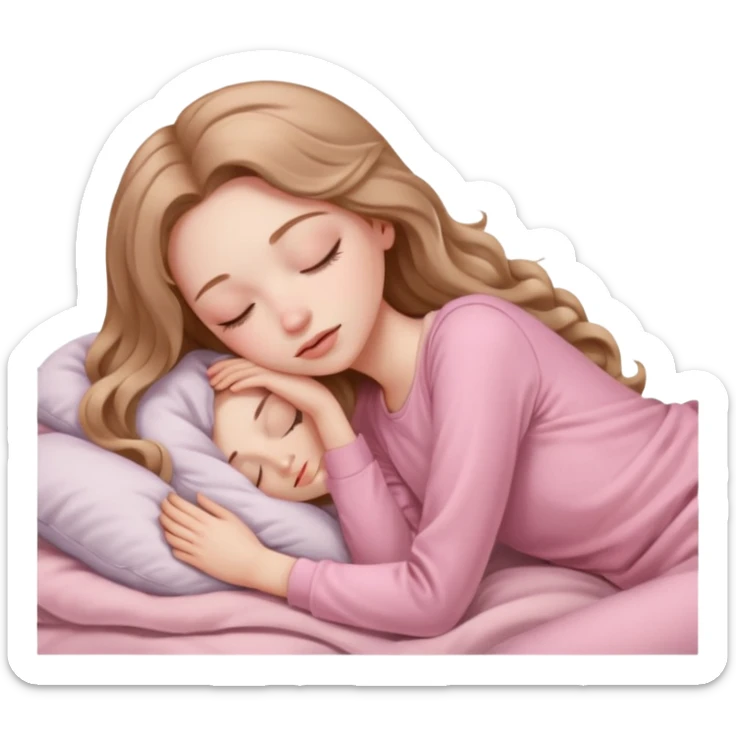 one girl with pale skin and long wavy light brown hair in light pink clothes sleeping alone sticker