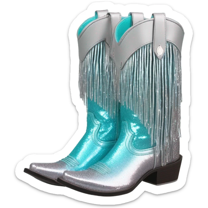 Realistic silver and robins egg blue ombre pair of fashion cowgirl boots with sparkly shiny glitter fringe on them. sticker