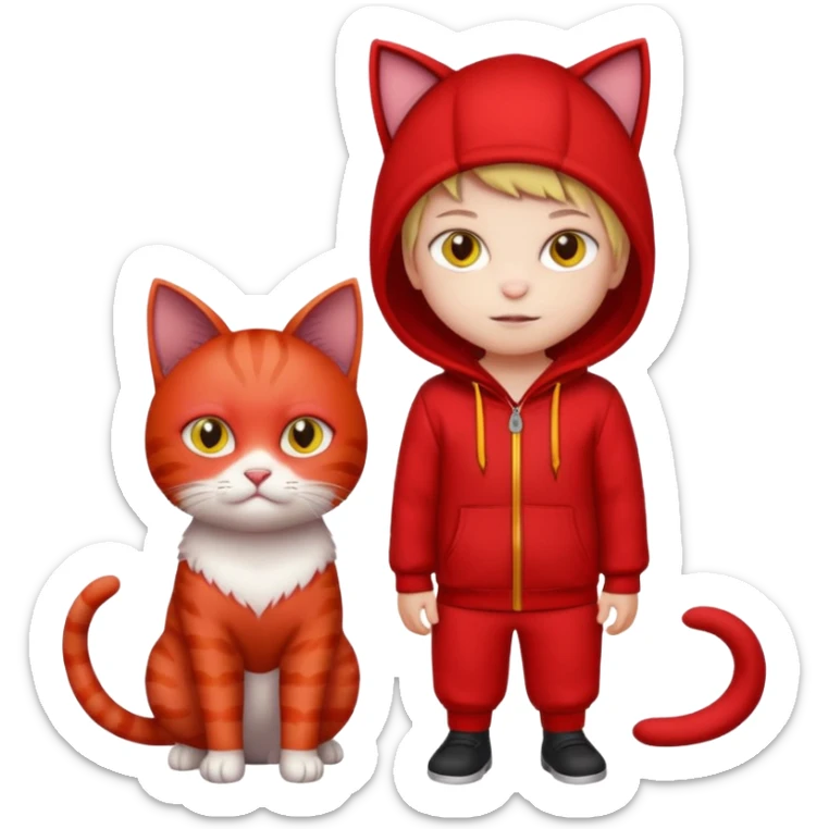 There is a kid wearing all red. Next to him there is a cat that has a red cat outfit and the cat has yellow eyes sticker