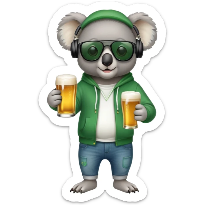 anthropomorphised koala, full body, wearing a hoodie and jeans, dark sunglasses, headphones, dressed for St. Patrick's Day sticker
