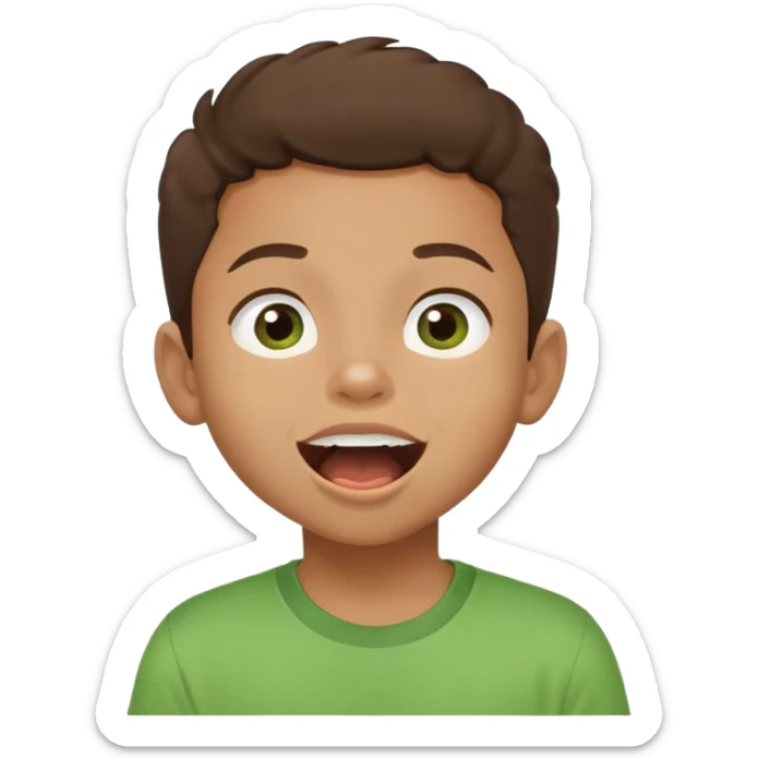 mulato kid with big eyes, brown hair, green t-shirt, mouth open, smiling, looking up sticker