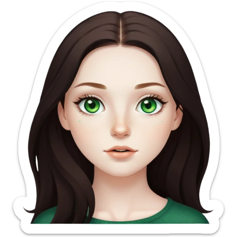 pretty girl with pale skin, freckles, green eyes, long lashes, dark brown long hair sticker