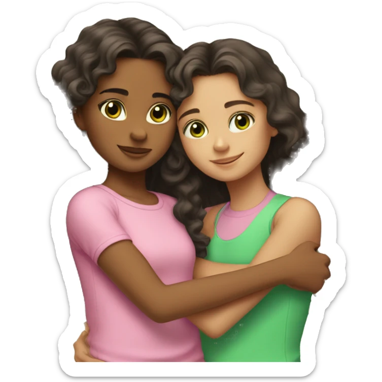 A girl with short dark hair and brown eyes in a pink top hugs her younger sister, who has long curly hair and green eyes sticker