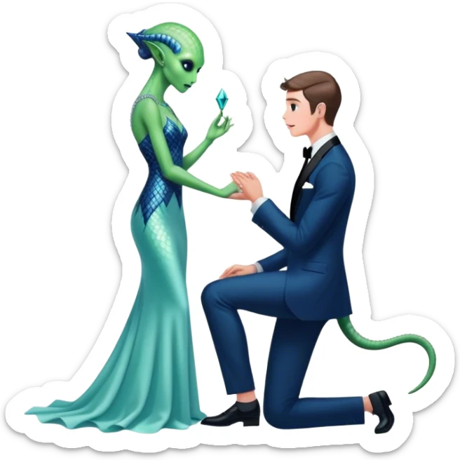 alien reptilian green skin woman, in long slim pastel blue formal party satin dress with gradient shiny sparkling navy blue diamonds embroidered , and caucasian man in black dres on his knees asks her to marry her sticker