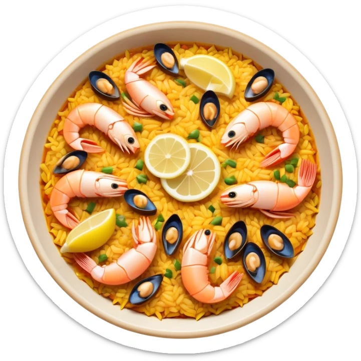 cinematic-realistic-paella-dish-emoji,-depicted-as-a-vibrant,-aromatic-rice-dish-loaded-with-seafood,-chicken,-and-saffron-rendered-with-rich-textures-and-dynamic,-warm-lighting with a lemon slice in the middle sticker