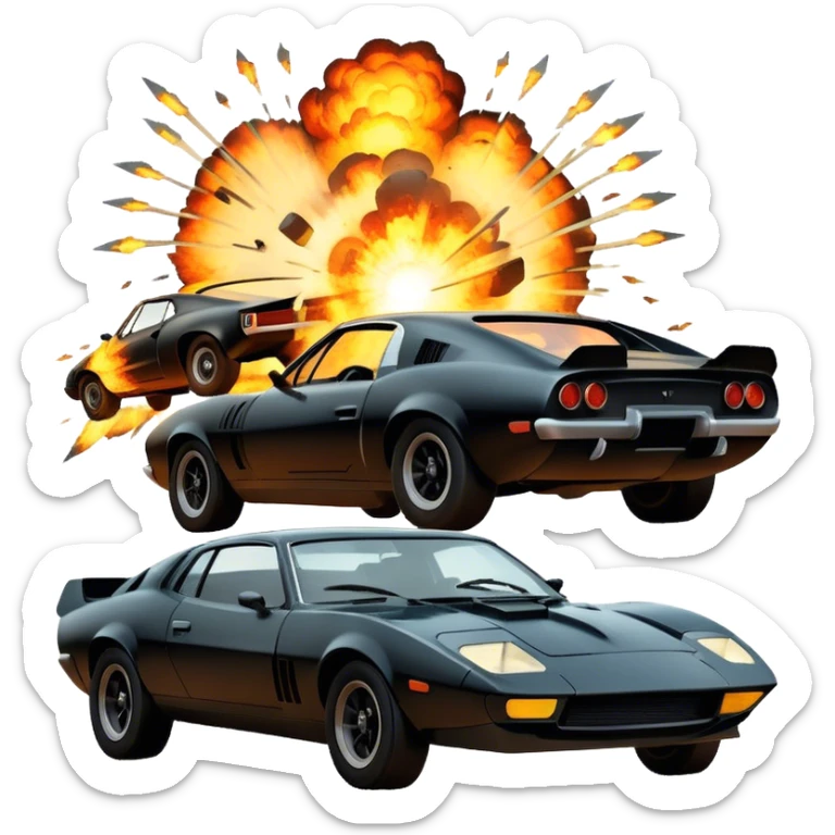 Photorealistic Icon for Action Movies: Dynamic collage of iconic action movie scenes featuring explosions, fast cars, combat, and weapons. Include silhouettes of famous action heroes, dramatic lighting, and a sense of high-octane energy. Transparent background. sticker