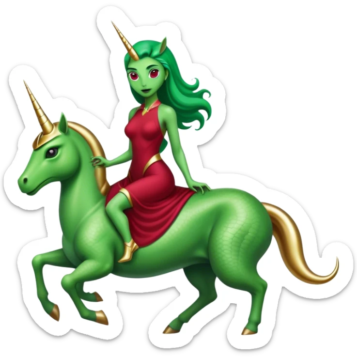 "reptilian green alien woman" in "long slim dark red dress", rides, "unicorn gold and white"
 sticker