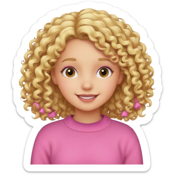 cheerful girl with curly blonde hair in a pink sweater sticker