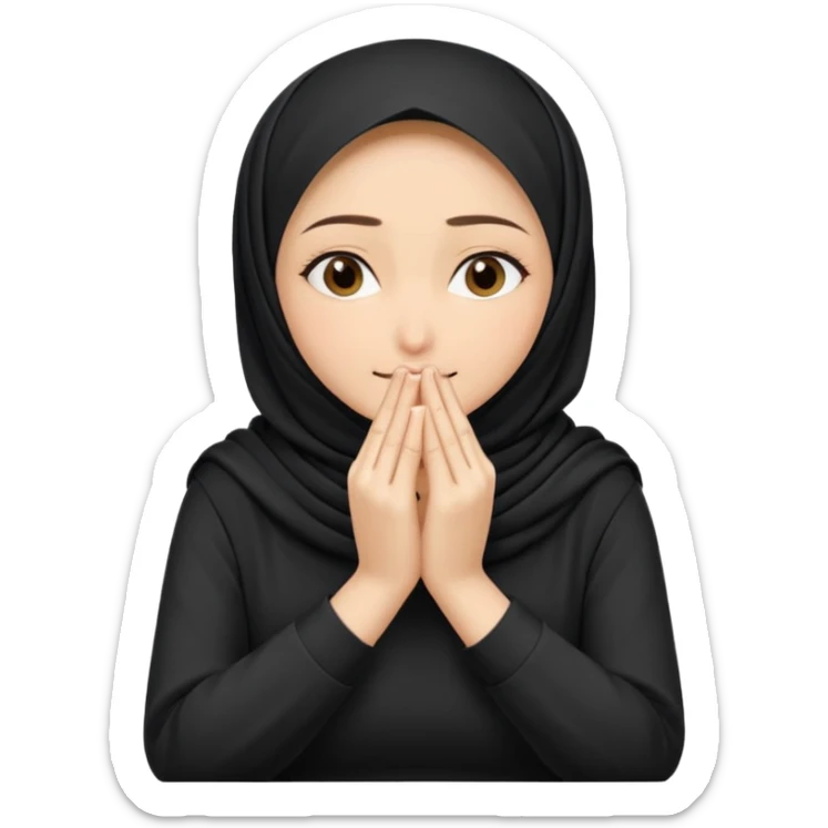  Hijabi girl sitting and hiding her face from her hands made into half open fists and completely covered her face.Her face is completely covered from his hands made in half open fists sticker