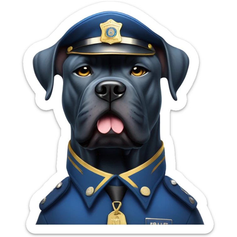 An angry Blue Cane Corso in a blue and gold police uniform hold in a club. sticker