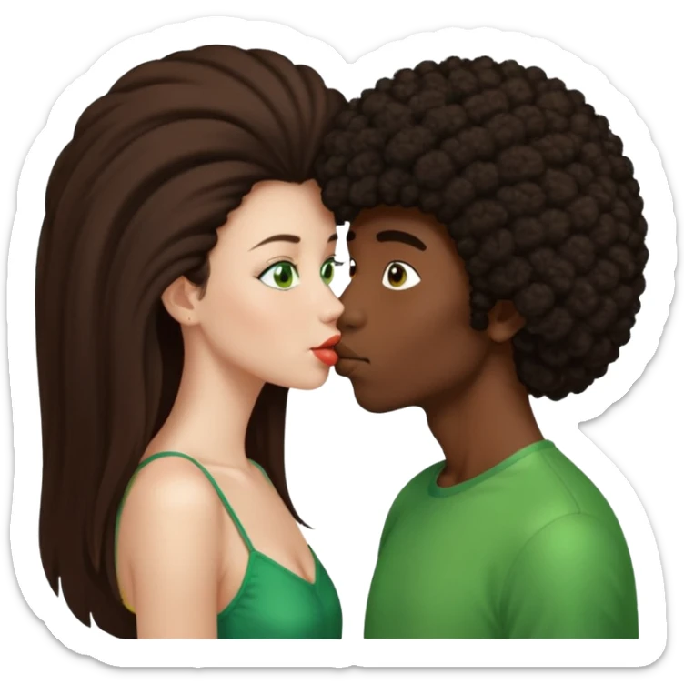 girl with long brown straight hair and green eyes kissing dark boy with afro and big nose sticker