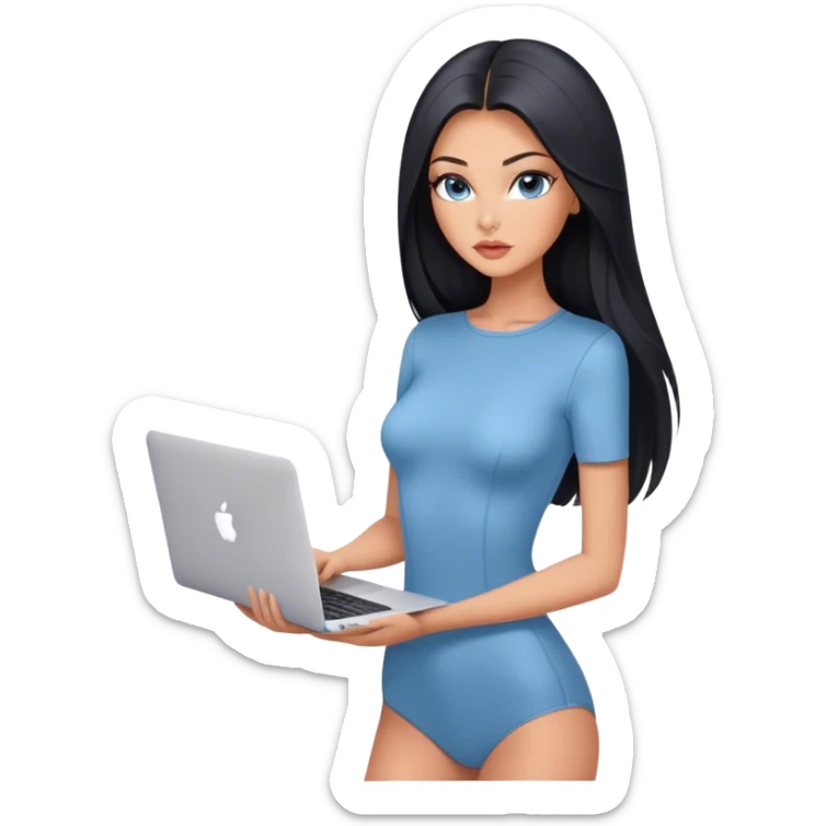 Glamours tanned very beautiful girl with pump peach nude lips and black straight smooth long hair, blue-grey eyes in short sleeves bodysuit with MacBook sticker