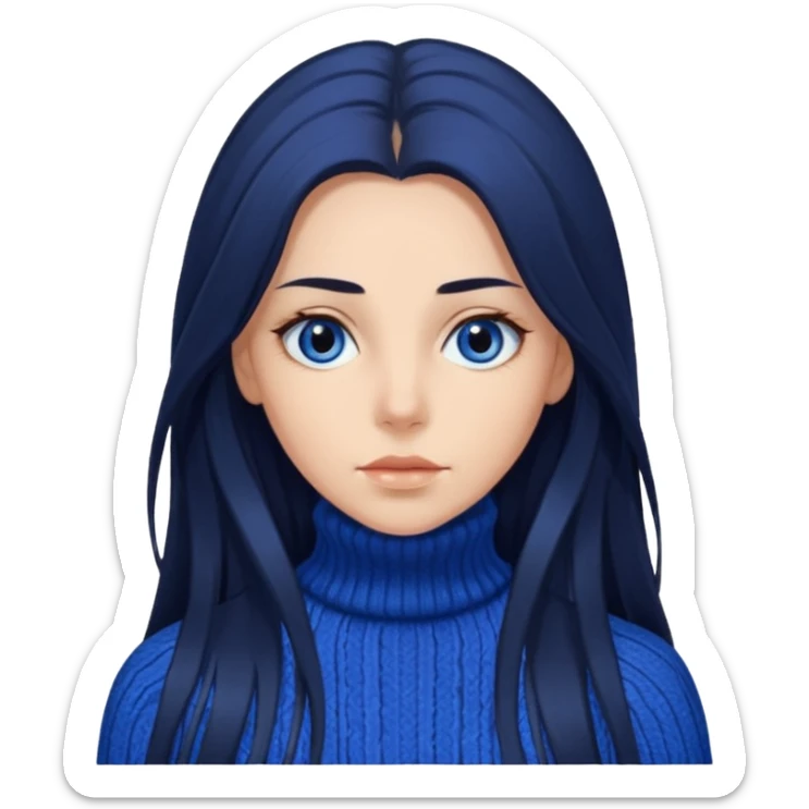 Mujer pelo oscuro y muy largo con unos mechones saliendo ojos oscuros y muy atractiva y con jersey de invierno azul de cuello vuelto sticker