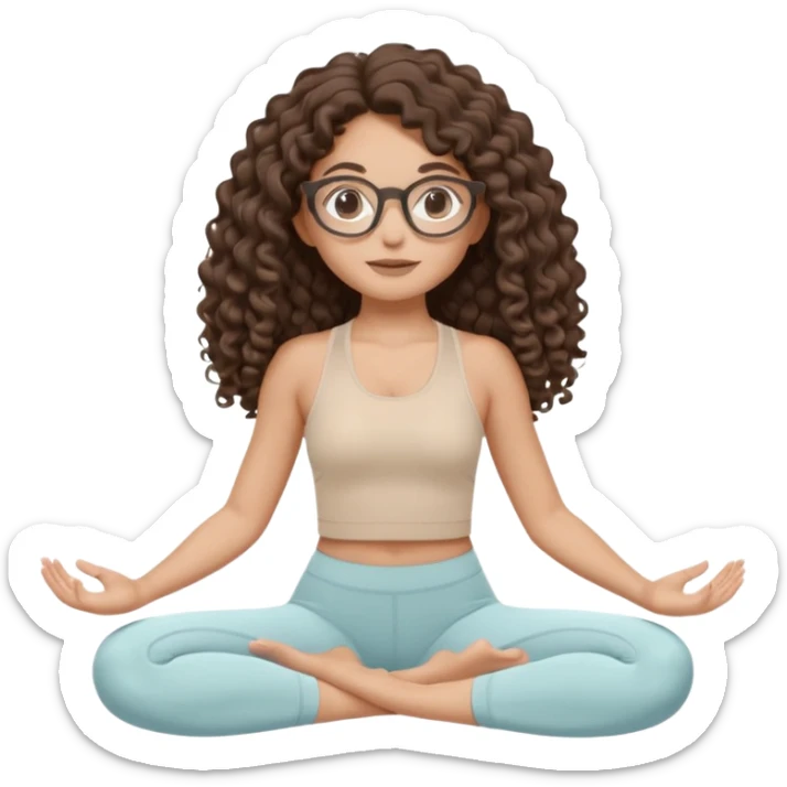 Memoji-stylegirl with long dark brown curly hair, round glasses, large brown eyes, soft rounded face, warm beige skin tone, wearing neutral Pilates activewear, calm wellness aesthetic, pastel colors, sticker-style digital illustration, smooth shading, white outline,reformer pilates doing. sticker