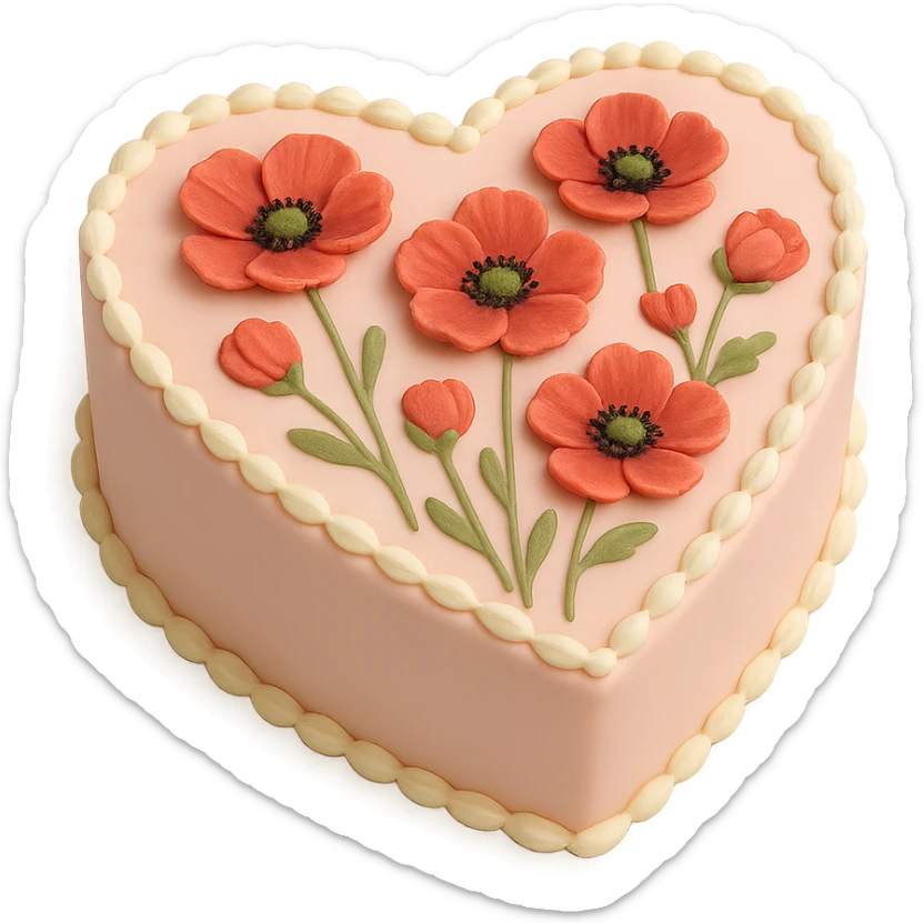 heart-shaped fondant cake with piped poppies sticker