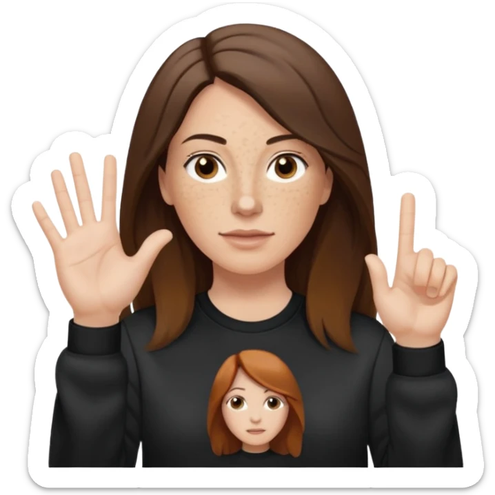 A 38 year old white woman with long brunette hair parted in the middle. She has her nose pierced. Her nose is medium sized. She has brown eyes. She has freckles and is wearing a black sweatshirt and is making the rock on sign with her hand sticker