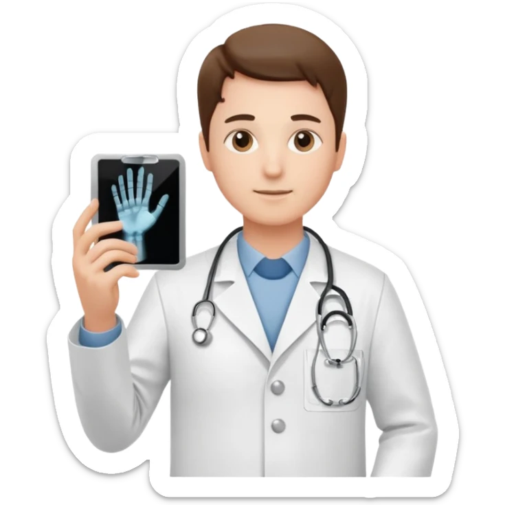 Radiografía de mano sostenida por un médico con bata  piel planta sticker