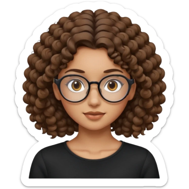 un chica con pelo rizado tiene hecha una coleta y con dos rizos sueltos en la parte de alante que le llega hasta el cuello. luego pil un poco morena ojos marrones y tiene gafas negras y son exagonales pero un poco redondeadas. sticker